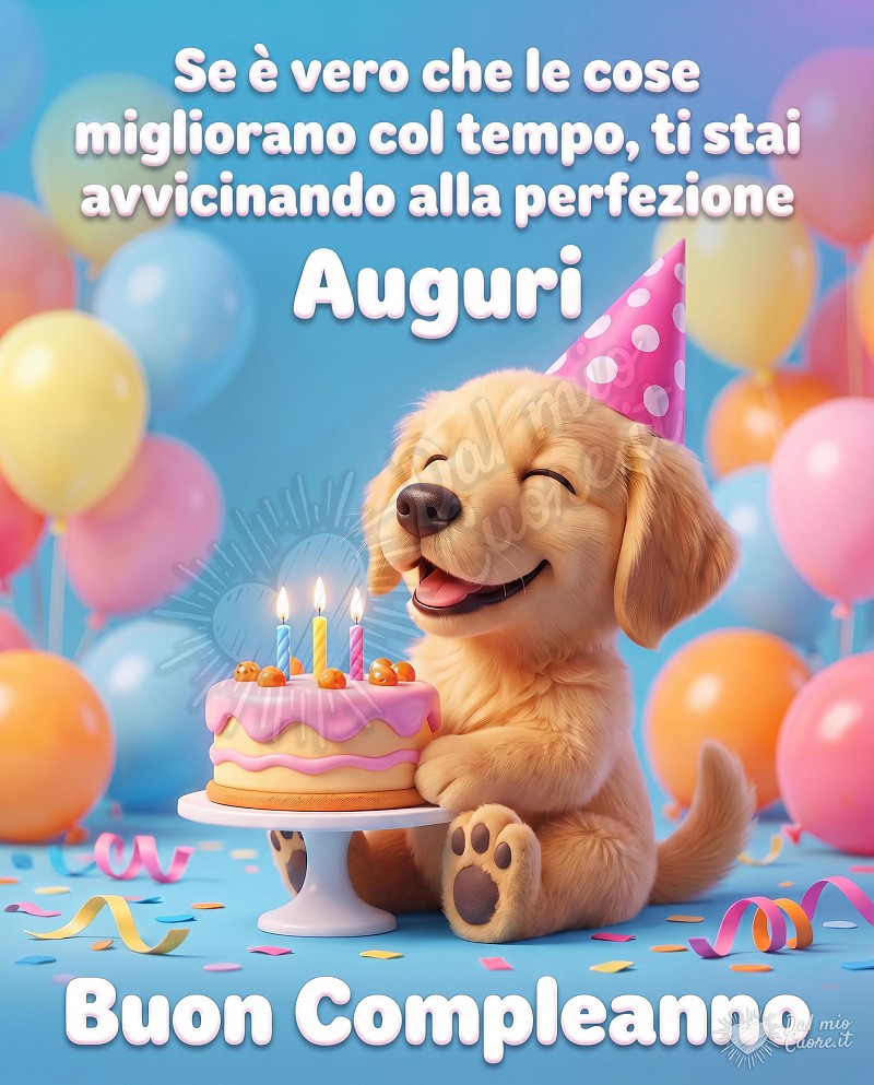 Auguri di buon compleanno divertenti con frase, cane e torta