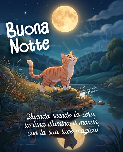 Gatto tigrato accoccolato vicino all'acqua calma che riflette la luna luminosa con la frase Quando scende la sera, la luna illumina il mondo con la sua luce magica! Buonanotte.