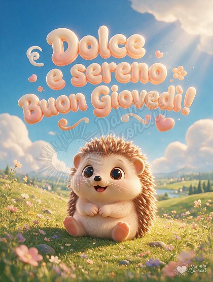Un tenero riccio cartoon 3D con cappellino su una collina fiorita che guarda il cielo azzurro con nuvole soffici e raggi di sole dorati, con la scritta Dolce e sereno Buon Giovedì!