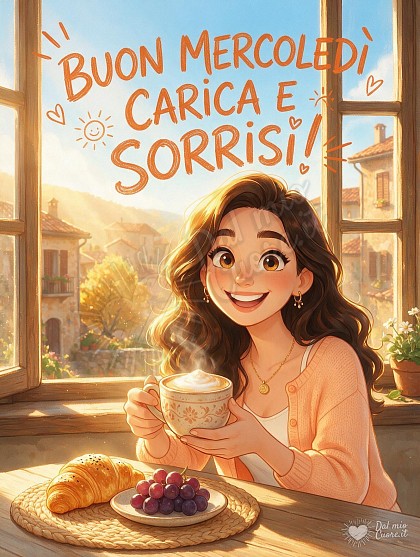 Scena luminosa del mattino con una colazione golosa, tazza fumante di cappuccino, uva fresca di settembre e testo grafico Buon Mercoledì Carica e Sorrisi.