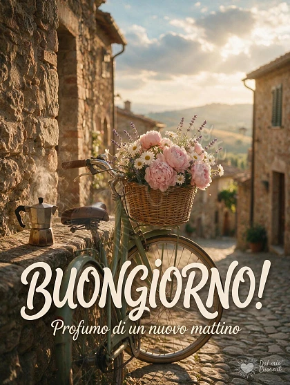 Buongiorno con bicicletta fiorita nel borgo antico
