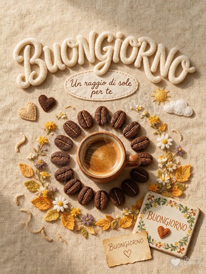 Vista dall'alto di una tazza di caffè con crema densa disposta su tovaglietta in lino chiaro, circondata da chicchi di caffè a raggiera e fiorellini di settembre, con la scritta Buongiorno Un raggio di sole per te.