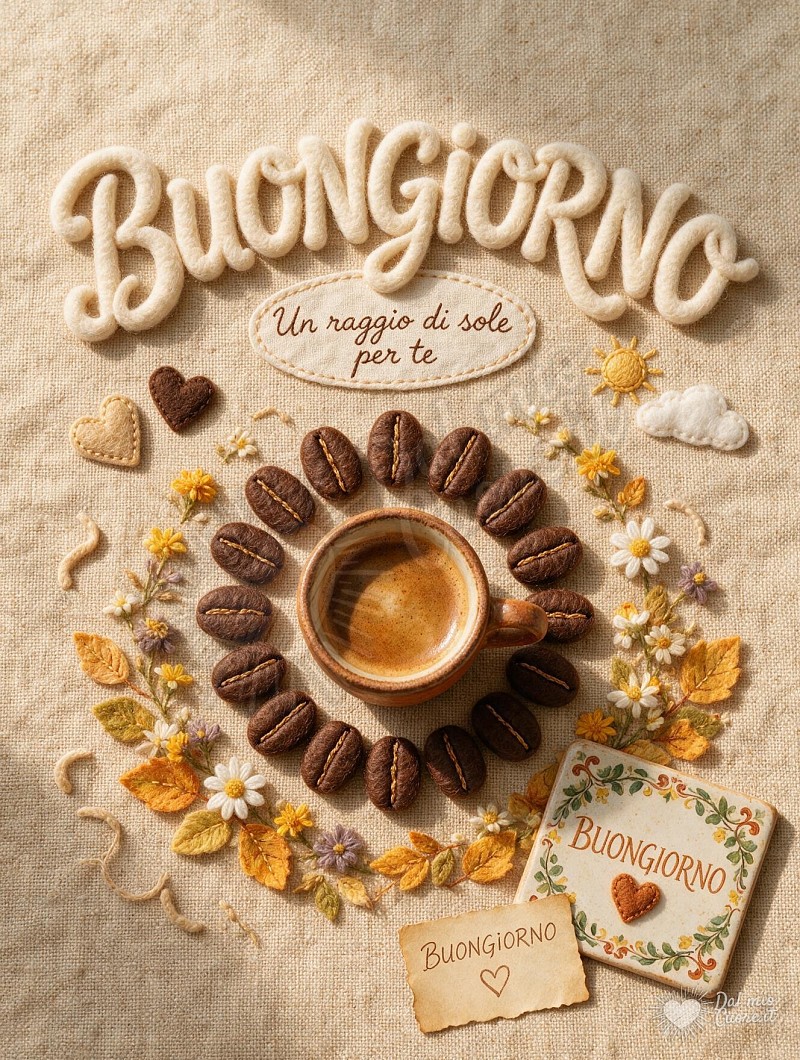 Buongiorno con chicchi di caffè e tazzina fumante