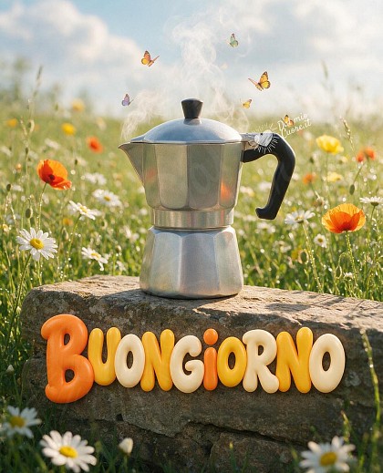 Una moka in alluminio fumante appoggiata su un muretto in pietra in un prato verdeggiante di margherite e papaveri al mattino con farfalle e scritta BUONGIORNO tra profumo e farfalle.