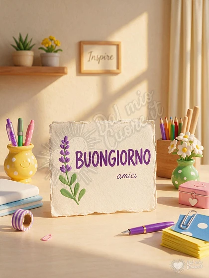 Buongiorno con cartoncino stationery e rametto di lavanda