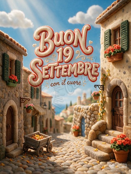 Scorcio di un antico borgo italiano in miniatura artigianale di feltro con vicolo lastricato, vasi fioriti e sole settembrino, con scritta BUON 19 SETTEMBRE con il cuore.