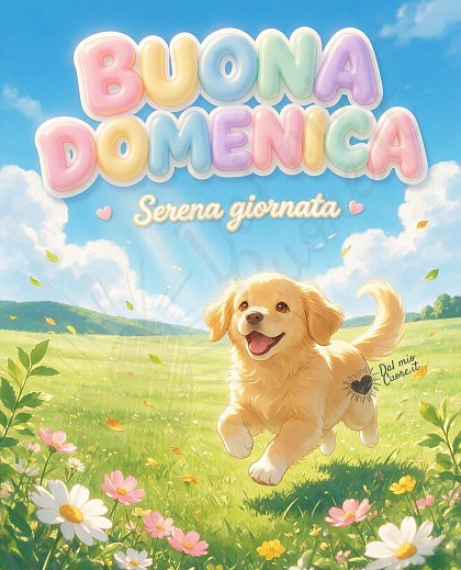 Un tenero cucciolo che gioca su un prato verde con luce diurna naturale e scritta luminosa Buona Domenica amici.