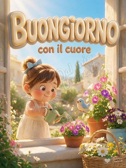 Buongiorno sul davanzale fiorito e il sole del mattino
