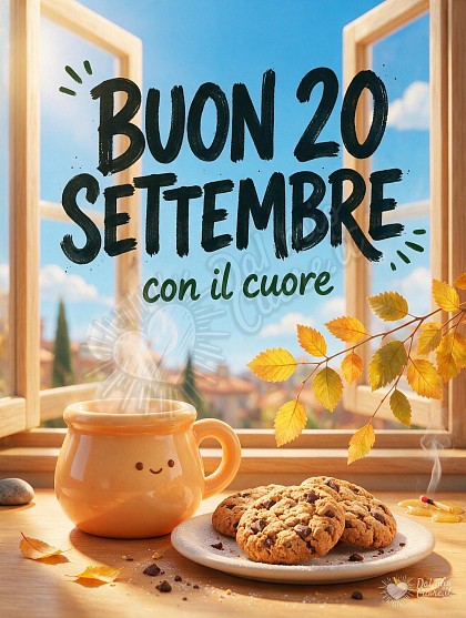 Una tazza in ceramica color pesca con vapore leggero accanto a biscotti artigianali su un tavolo di legno illuminato dal sole del 20 settembre, con scritta Buon 20 Settembre con il cuore.