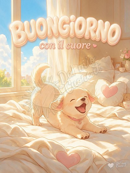 Un dolce cucciolo che si stira tra i cuscini al risveglio