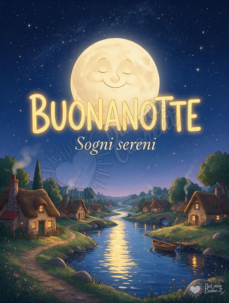 Buonanotte con la Luna Piena sul Fiume e Casette Addormentate