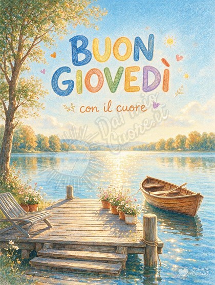 Un pontile di legno fiorito e una barchetta ormeggiata sul lago illuminato dal sole del mattino.