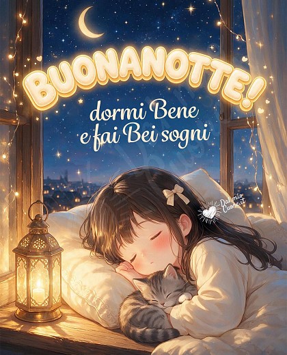 Dolce bambina e gattino tigrato addormentati insieme con lanterna accesa e cielo notturno stellato.