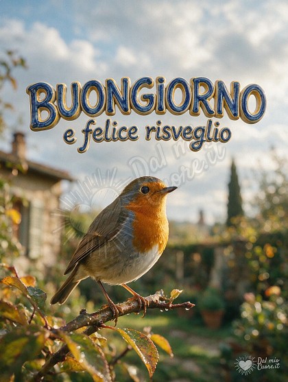 Un dolce pettirosso posato su un ramo con piccole bacche e gocce di rugiada illuminate dal sole del mattino.