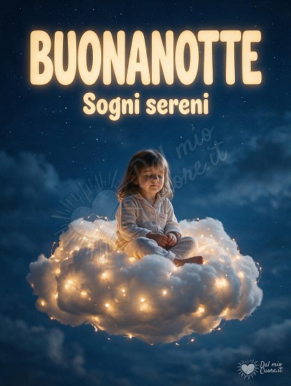 Bambina seduta su una soffice nuvola candida nel cielo notturno con stelle e lucine calde.