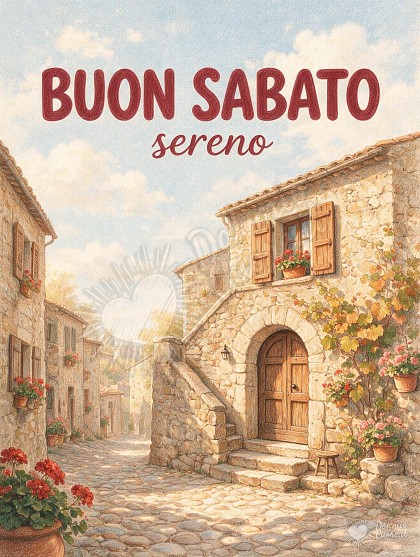 Un borgo antico illuminato dal sole del mattino, con vicoli in pietra e gerani rossi alle finestre.