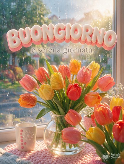 Vaso di vetro con tulipani colorati freschi su un davanzale illuminato dal sole del mattino con gocce di pioggia sul vetro.