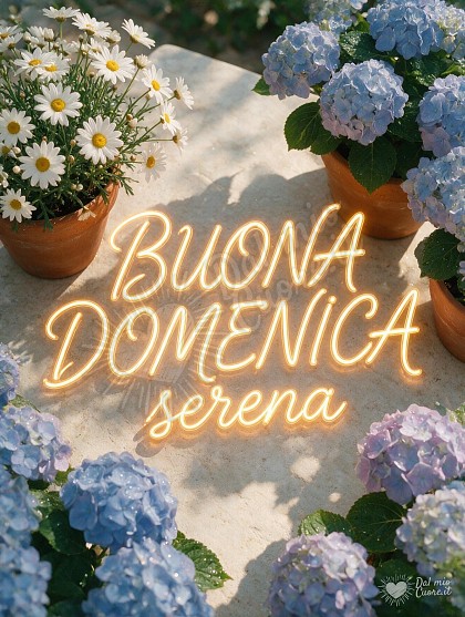 Un tavolo in pietra con vasi in terracotta di margherite bianche e ortensie azzurre con gocce d'acqua.