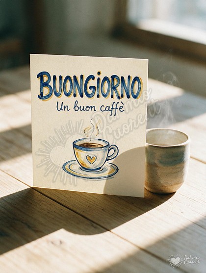 Tazzina da caffè fumante con decorazione a cuore su un tavolo di legno rustico illuminato dal sole del mattino.