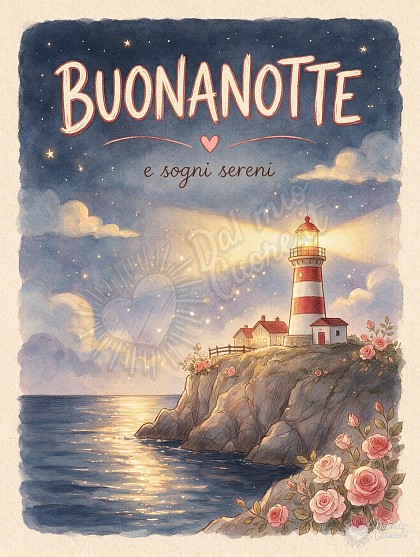 Un faro a strisce bianche e rosse su una scogliera proietta luce calda sulle onde del mare calmo sotto un cielo notturno di stelle.