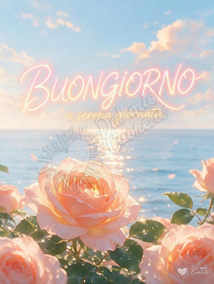 Primissimo piano di splendide rose da giardino con gocce di rugiada baciate dal sole e mare calmo sullo sfondo.