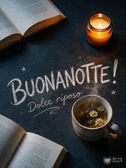 Una tazza di tisana calda alle erbe, una candela ambrata accesa e un libro aperto.