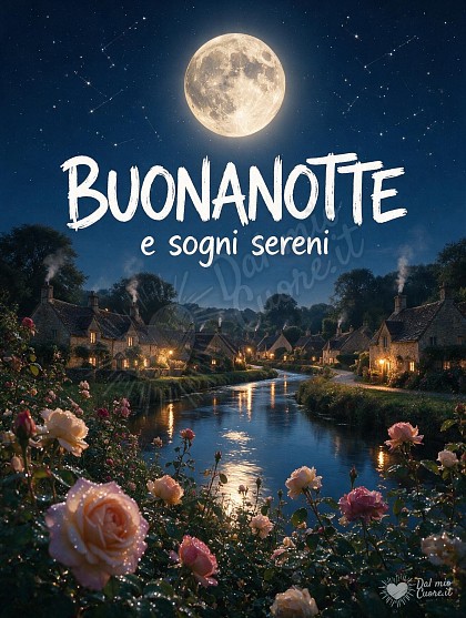Paesaggio notturno con un fiume calmo, rose in primo piano e casette con finestre accese.