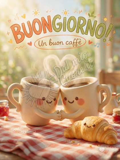 Due graziose tazzine di caffè animate e un cornetto dorato sorridente su una tovaglietta a quadretti illuminata dal sole del mattino.