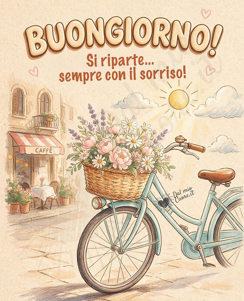 Buongiorno con una bicicletta fiorita e peonie