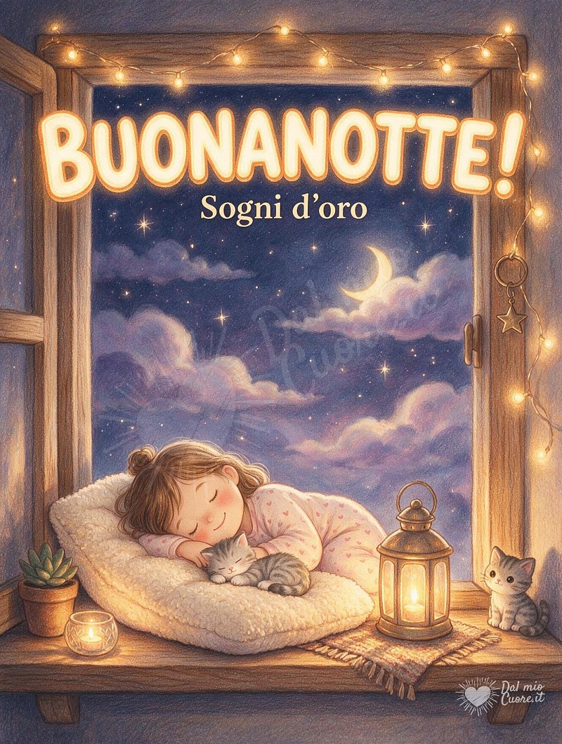 Buonanotte con bambina e gattino