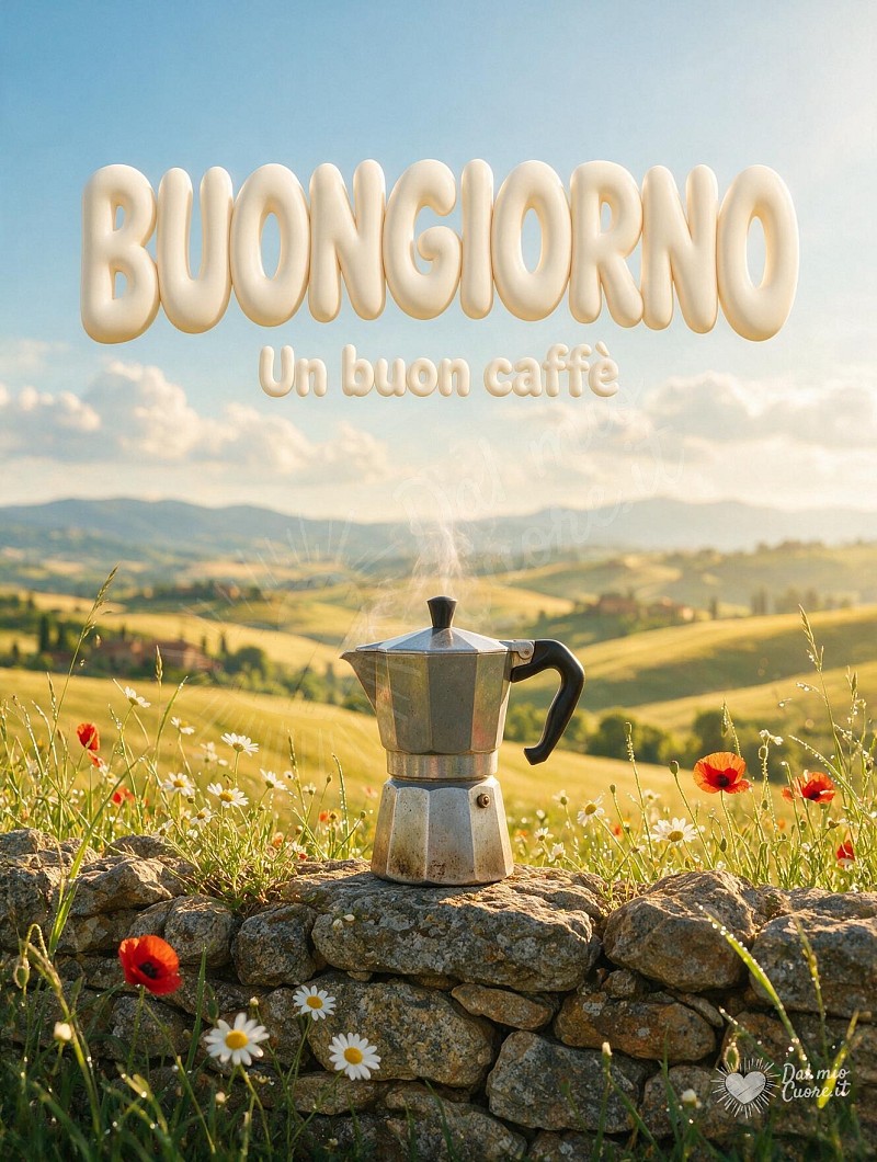 Buongiorno con la moka nel prato fiorito