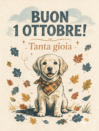 Stampa artigianale linocut di un adorabile cagnolino dal pelo morbido con una sciarpa leggera autunnale e foglie ambrate che guarda sorridente in avanti alla luce del mattino.