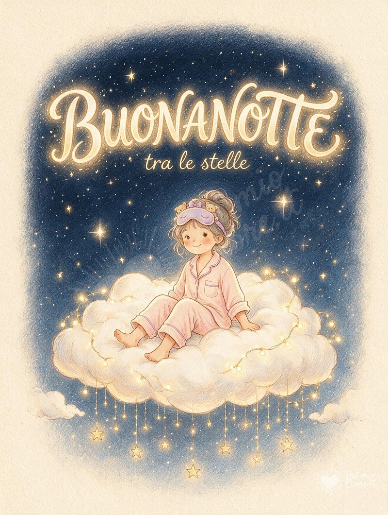 Buonanotte con bambina sulla nuvola e lucine tra le stelle