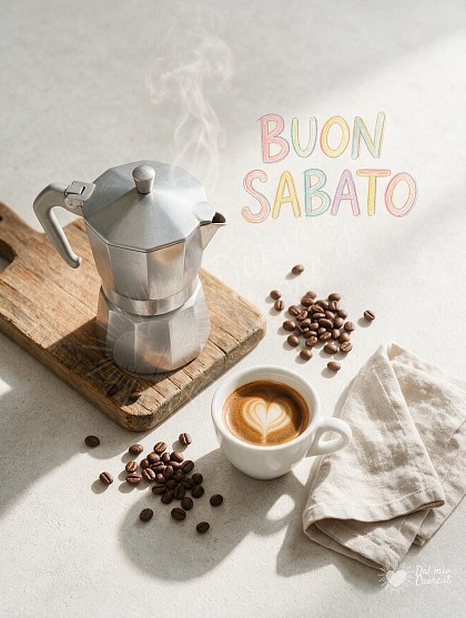 Una moka classica fumante su tagliere in legno rustico con chicchi di caffè tostati e una tazzina fumante.