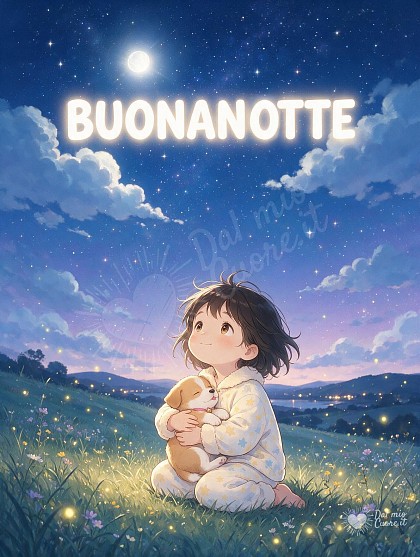 Buonanotte tra le stelle con bambina e cucciolo