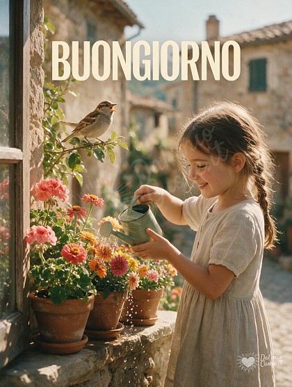 Una bambina con un vestitino chiaro che innaffia vasi di fiori colorati su un davanzale in pietra illuminato dal sole del mattino, mentre un piccolo passerotto canta su un ramo vicino.