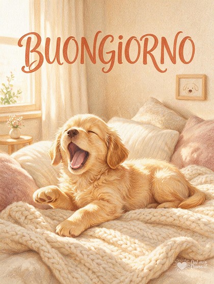 Un soffice cucciolo che si stira sbadigliando felice tra cuscini e coperte baciato dalla luce del mattino.