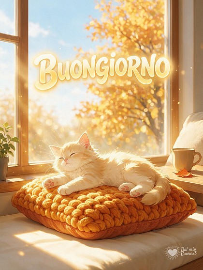Un soffice gattino bianco e miele che si stiracchia felice su un cuscino autunnale illuminato dalla luce del mattino.