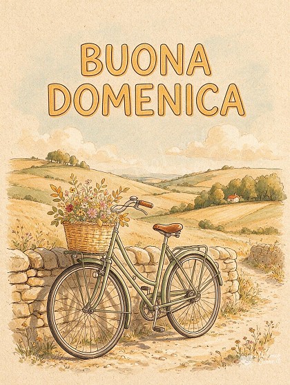Disegno illustrato di una bicicletta vintage con cestino appoggiata a un muretto in pietra lungo una collina con cielo chiaro.