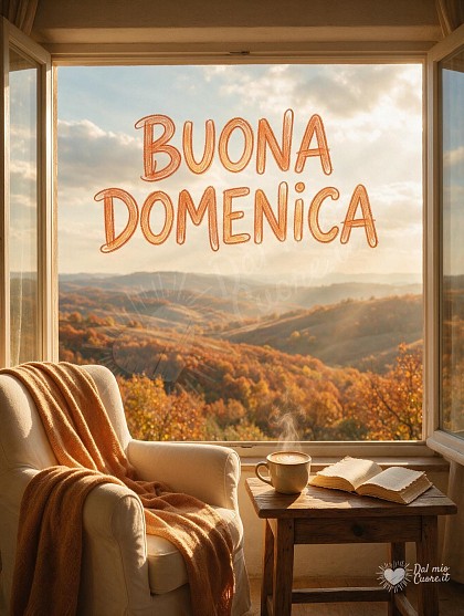 Accogliente poltrona accanto a una finestra panoramica con vista su colline autunnali, tavolino in legno con tazza fumante di caffè e libro aperto baciati dalla luce del mattino.