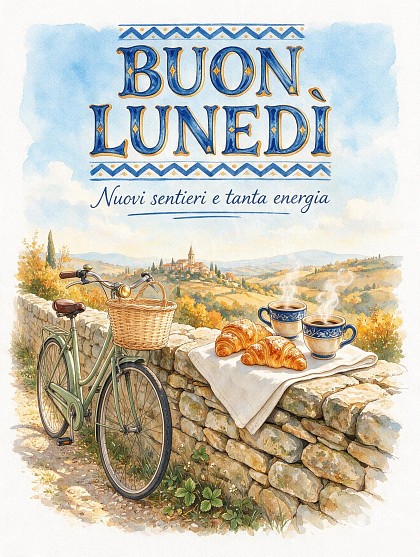 Una bicicletta vintage appoggiata a un muretto panoramico con cornetti fragranti e due tazzine di caffè fumanti.