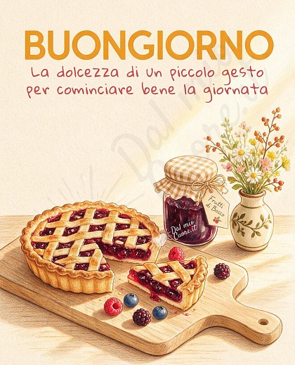 Crostata rustica alla confettura di more e frutti su tagliere di legno, vasetto di marmellata e fiori di campo baciati dal sole mattutino.