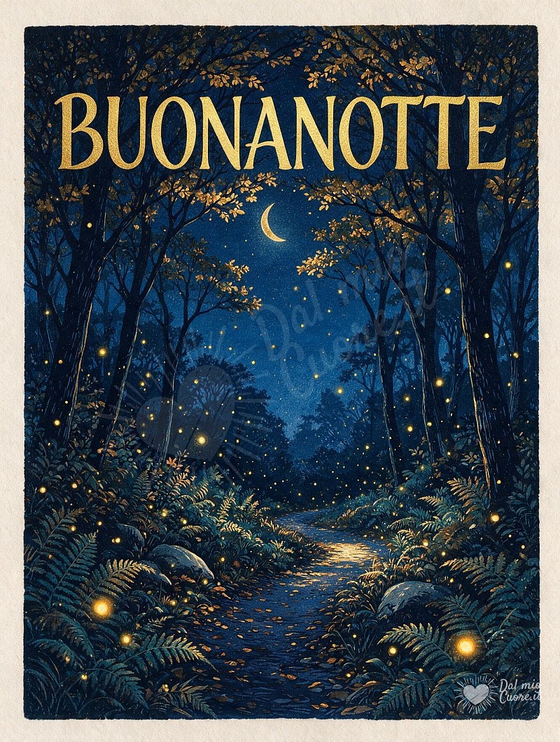 Buonanotte con sentiero nel bosco e lucciole