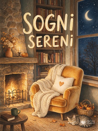 Una stanza notturna illuminata dalle braci calde di un camino, con una morbida poltrona in velluto, coperta di lana, una libreria in legno.
