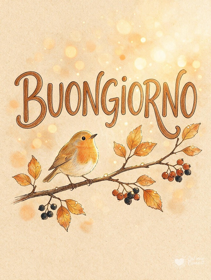 Buongiorno con un tenero pettirosso tra i rami