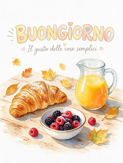 Composizione ravvicinata da colazione con una brocca di succo d'arancia, un cornetto dorato fragrante e una ciotola di more e lamponi su un tavolo di legno baciato dal sole.