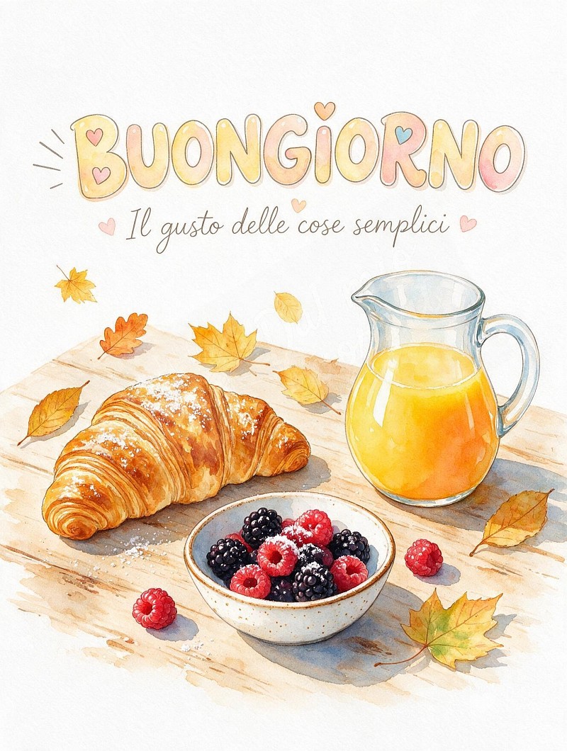 Buongiorno con cornetto dorato e frutta fresca