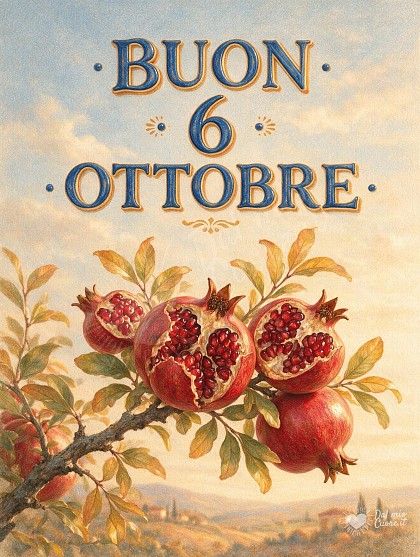 Disegno a pastello morbido con un ramo di melograno dai frutti maturi e foglie dorate illuminate dal sole.