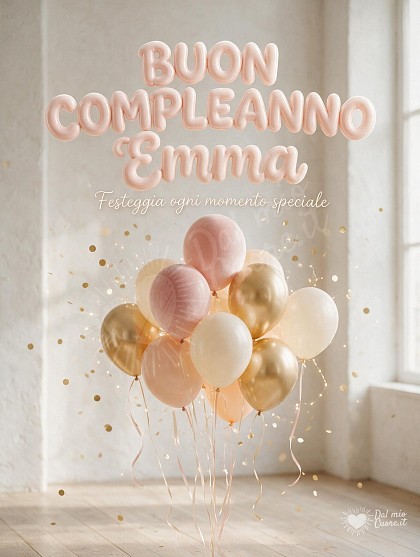 Scena luminosa con un gruppo di palloncini fluttuanti in tonalità crema, rosa cipria e oro metallizzato, lunghi nastri di raso, lucine calde e coriandoli dorati scintillanti sospesi nell'aria.