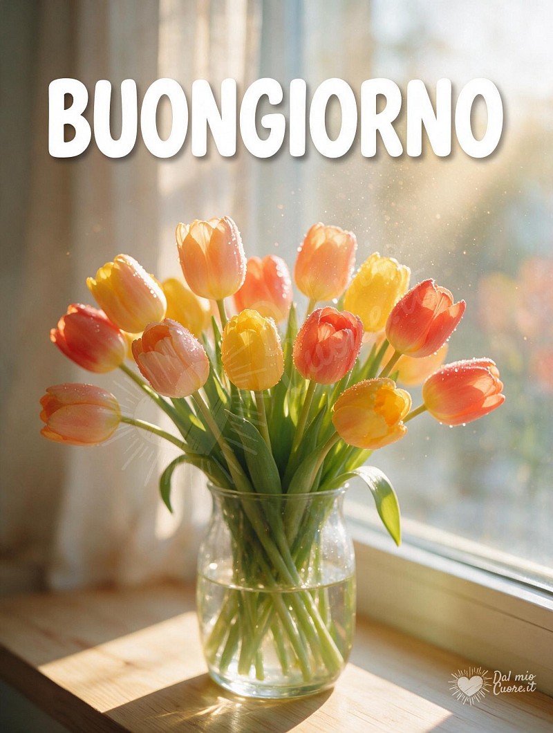 Buongiorno con tulipani freschi e sole del mattino